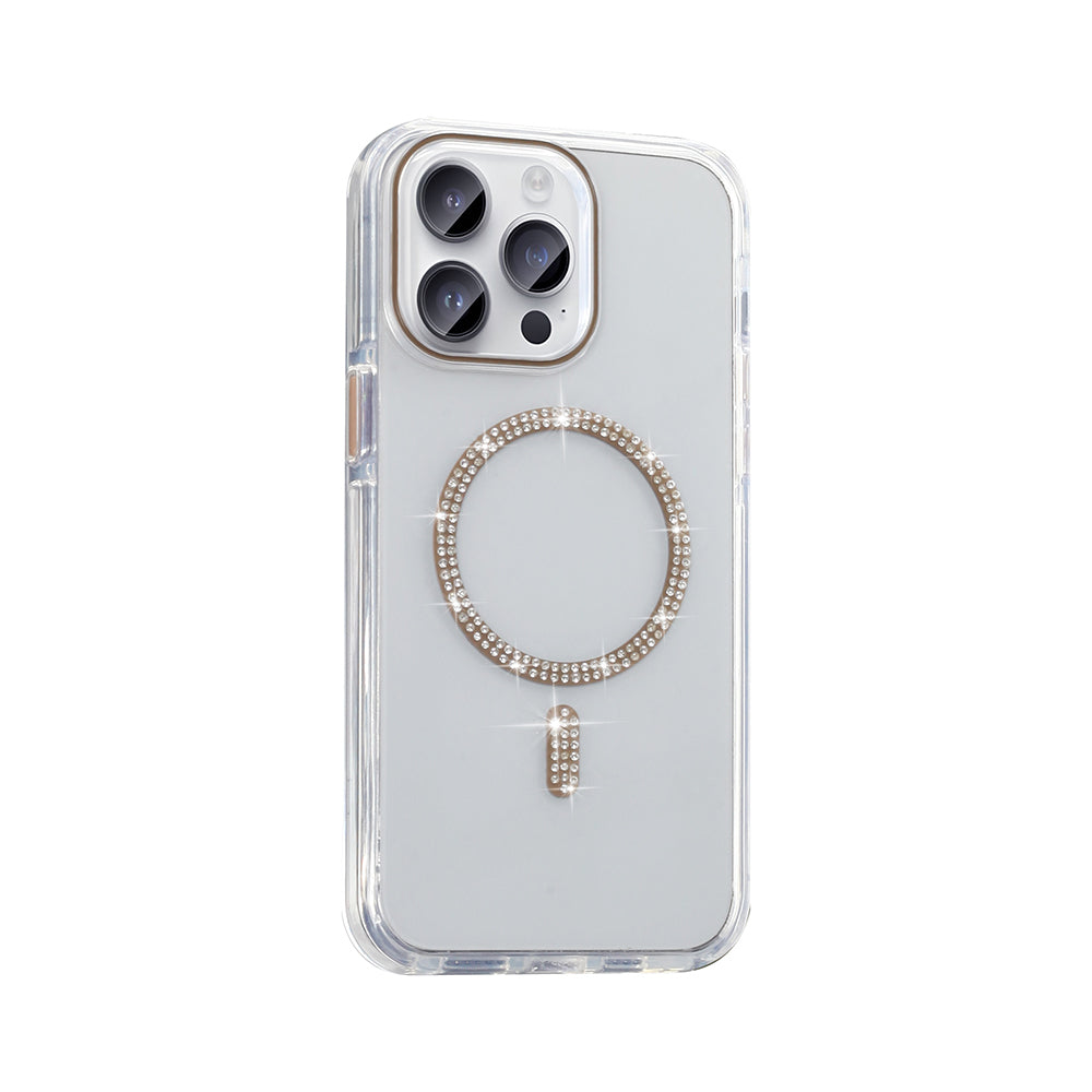 Apple iPhone 14 Pro Max Kılıf Taşlı Tasarım M-safe Şarj Özellikli Zore Koment Silikon Kapak Gold