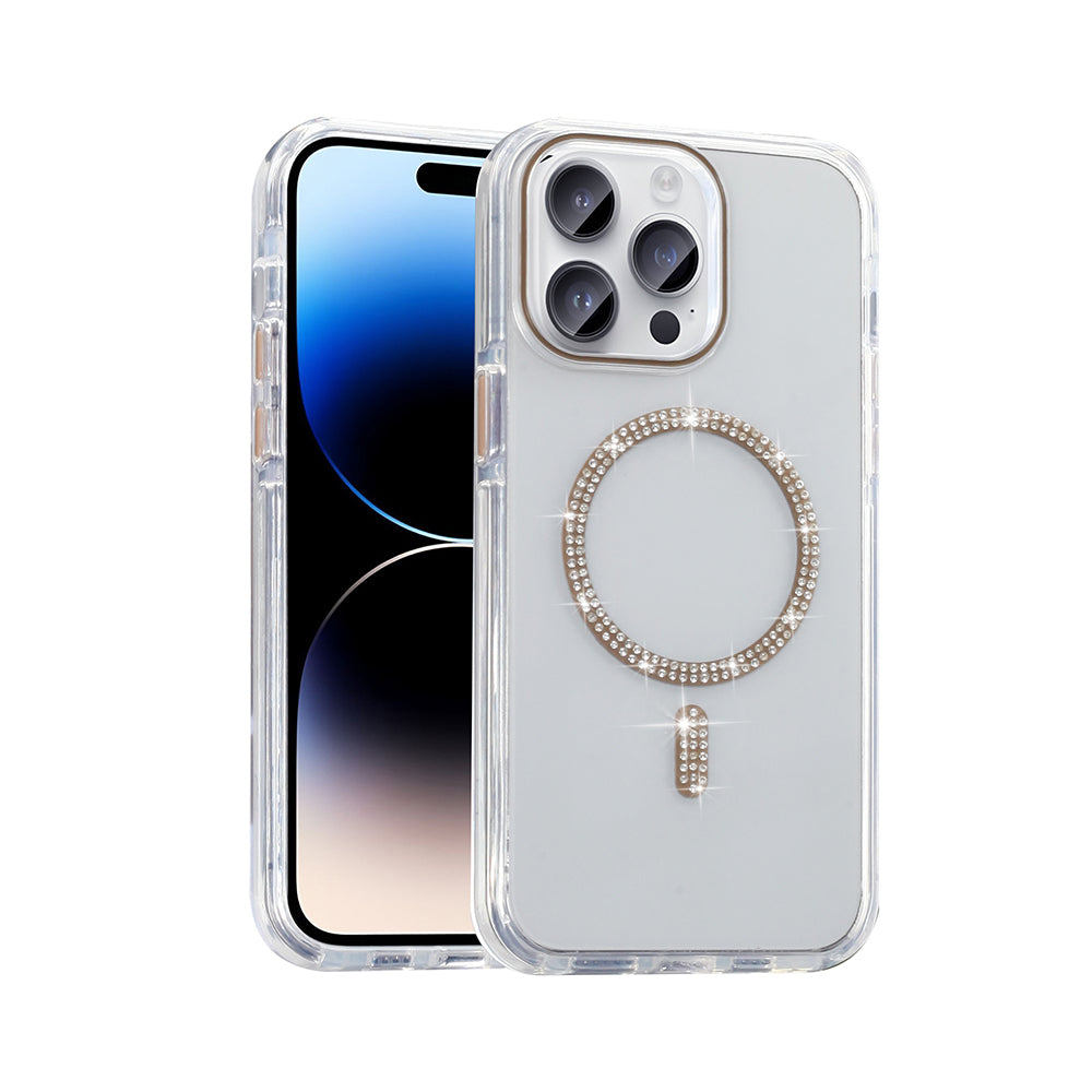 Apple iPhone 14 Pro Max Kılıf Taşlı Tasarım M-safe Şarj Özellikli Zore Koment Silikon Kapak Gold