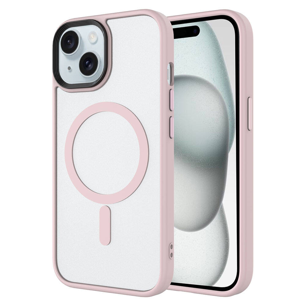 Apple iPhone 15 Kılıf Mat Arka Yüzey Wireless Şarj Özellikli Zore Flet M-safe Kapak Pembe