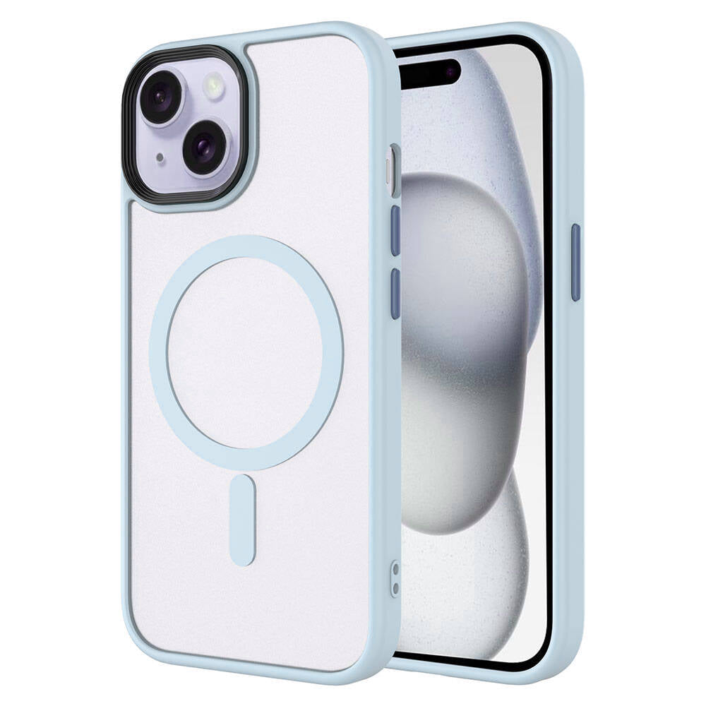 Apple iPhone 15 Kılıf Mat Arka Yüzey Wireless Şarj Özellikli Zore Flet M-safe Kapak Mavi Açık