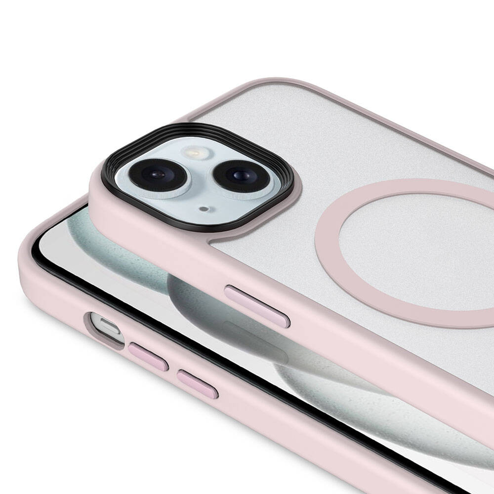 Apple iPhone 15 Kılıf Mat Arka Yüzey Wireless Şarj Özellikli Zore Flet M-safe Kapak Pembe
