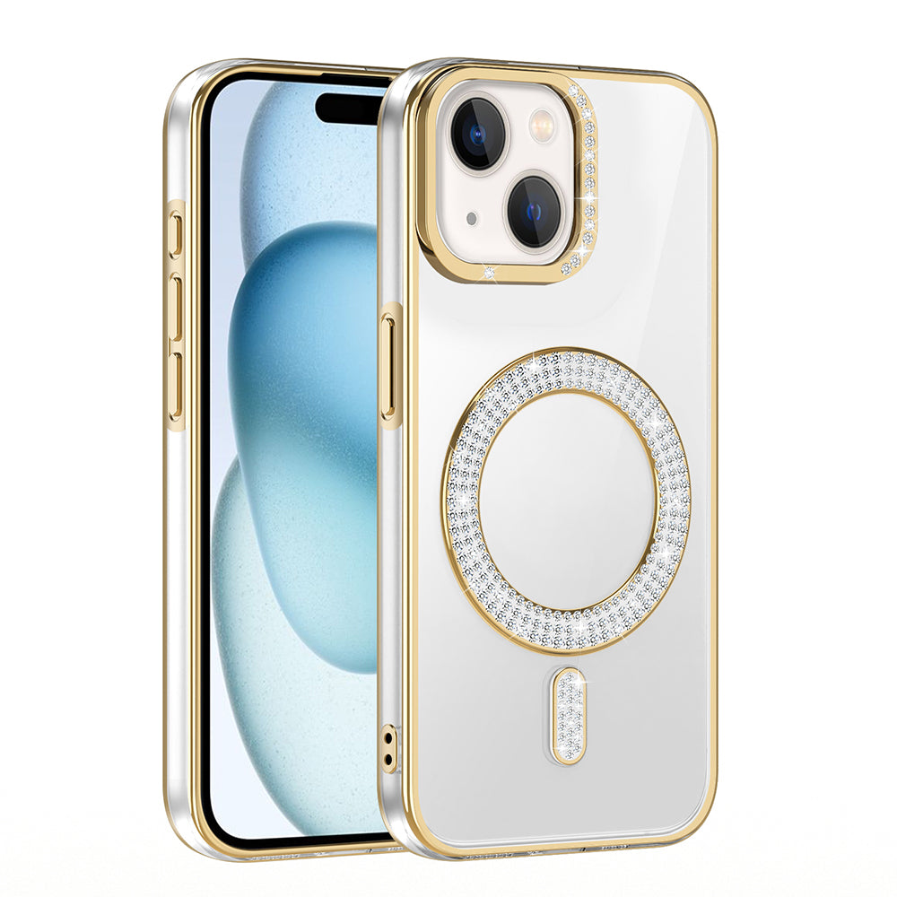 Apple iPhone 15 Kılıf Pırlanta Taş Tasarımlı M-safe Şarj Özellikli Zore Karetta Silikon Kapak Rose Gold