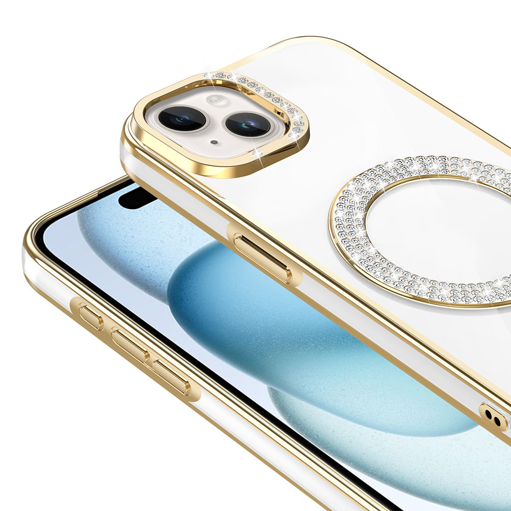 Apple iPhone 15 Kılıf Pırlanta Taş Tasarımlı M-safe Şarj Özellikli Zore Karetta Silikon Kapak Mavi