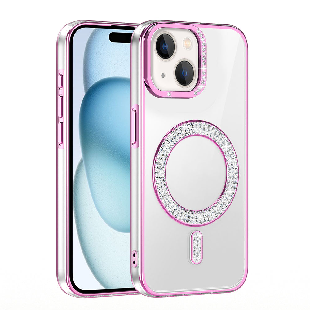 Apple iPhone 15 Kılıf Pırlanta Taş Tasarımlı M-safe Şarj Özellikli Zore Karetta Silikon Kapak Mor