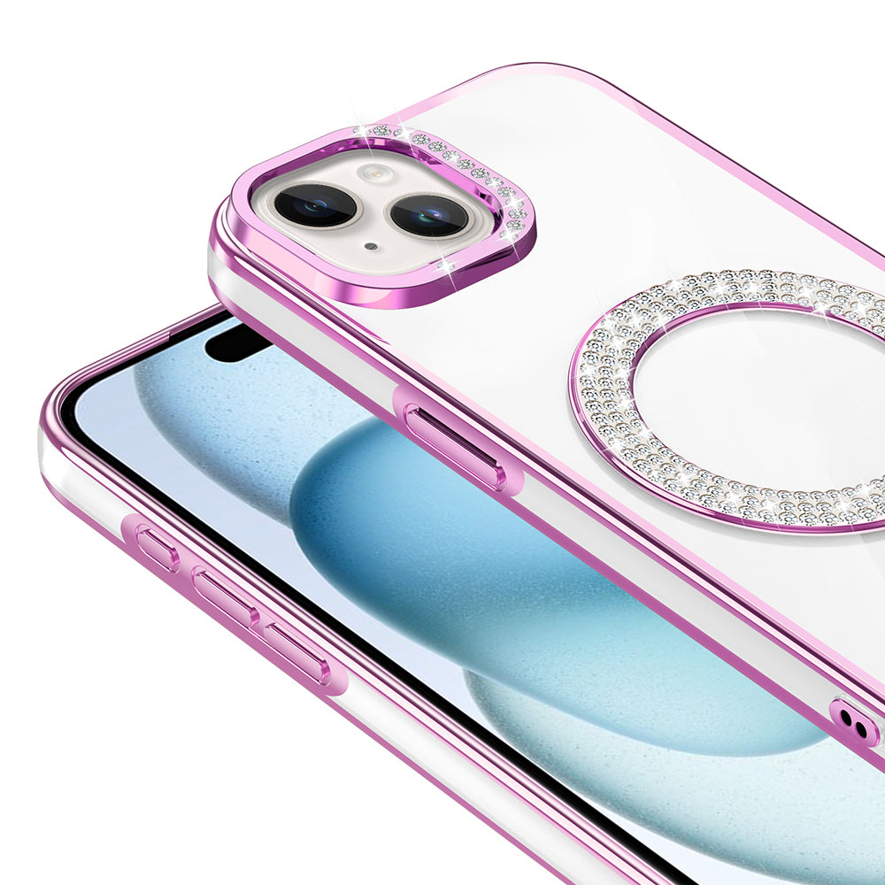 Apple iPhone 15 Kılıf Pırlanta Taş Tasarımlı M-safe Şarj Özellikli Zore Karetta Silikon Kapak Gold