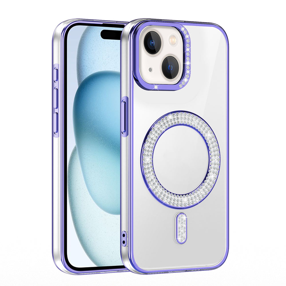 Apple iPhone 15 Kılıf Pırlanta Taş Tasarımlı M-safe Şarj Özellikli Zore Karetta Silikon Kapak Gümüş