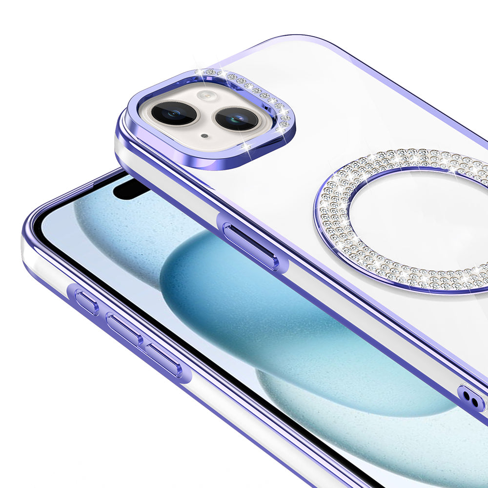 Apple iPhone 15 Kılıf Pırlanta Taş Tasarımlı M-safe Şarj Özellikli Zore Karetta Silikon Kapak Siyah