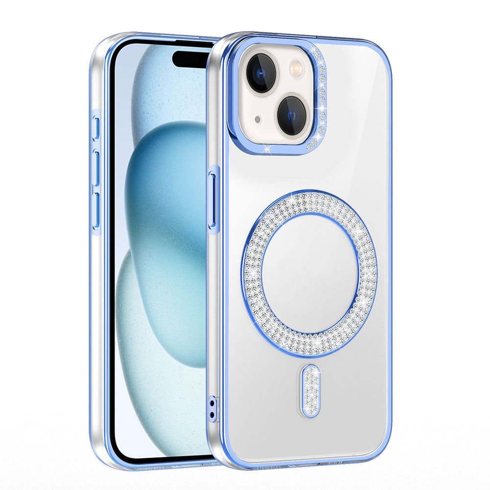 Apple iPhone 15 Kılıf Pırlanta Taş Tasarımlı M-safe Şarj Özellikli Zore Karetta Silikon Kapak Gümüş