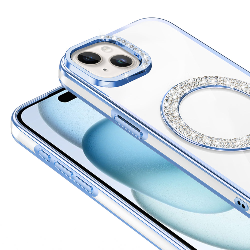 Apple iPhone 15 Kılıf Pırlanta Taş Tasarımlı M-safe Şarj Özellikli Zore Karetta Silikon Kapak Rose Gold