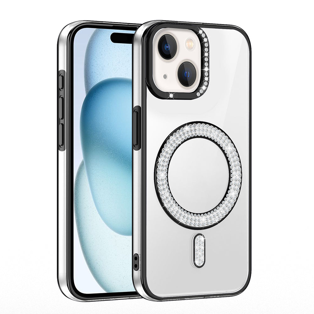 Apple iPhone 15 Kılıf Pırlanta Taş Tasarımlı M-safe Şarj Özellikli Zore Karetta Silikon Kapak Mavi