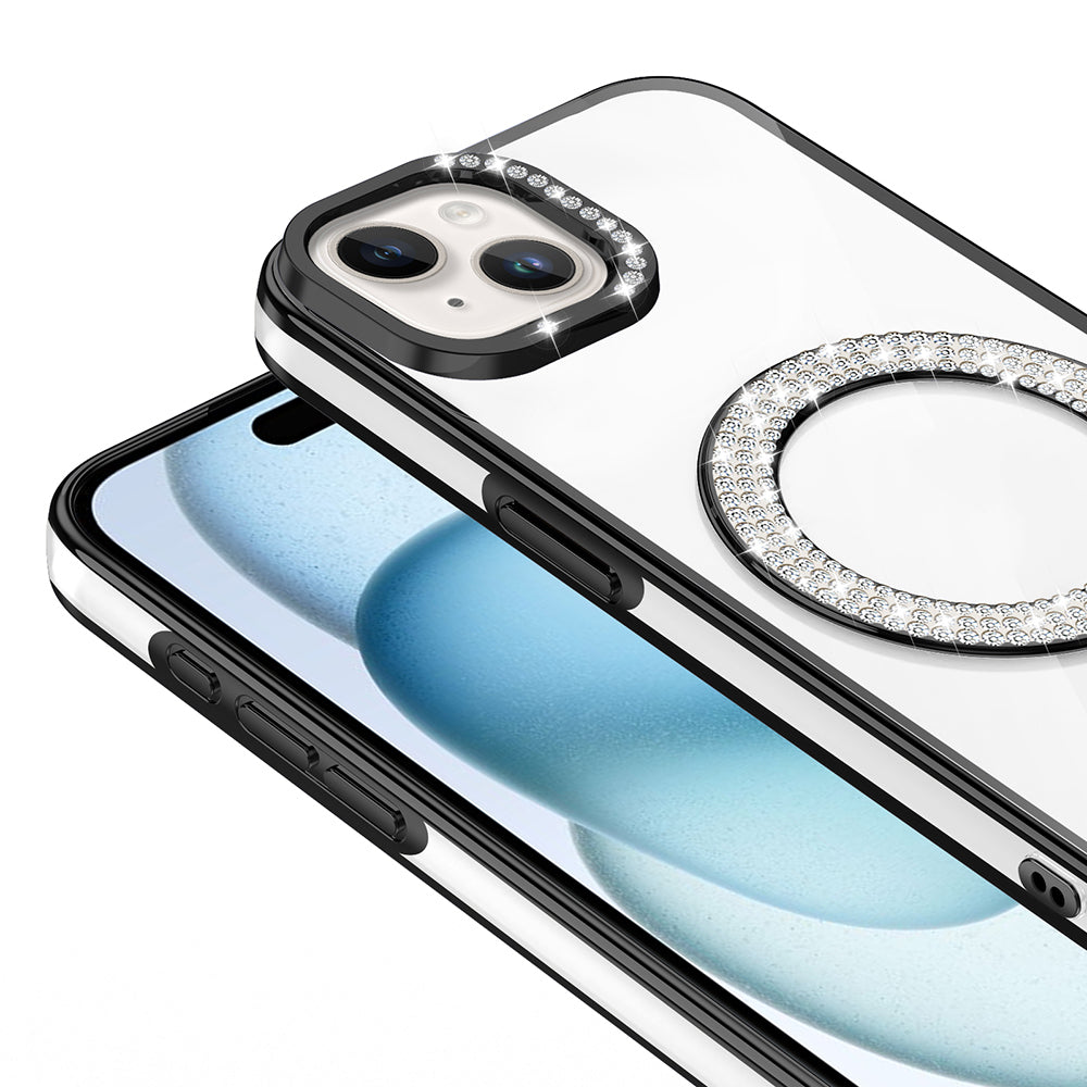 Apple iPhone 15 Kılıf Pırlanta Taş Tasarımlı M-safe Şarj Özellikli Zore Karetta Silikon Kapak Gold