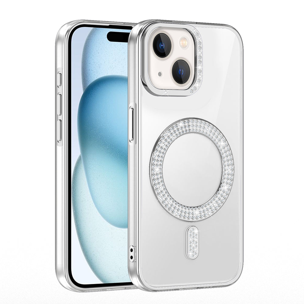 Apple iPhone 15 Kılıf Pırlanta Taş Tasarımlı M-safe Şarj Özellikli Zore Karetta Silikon Kapak Mavi