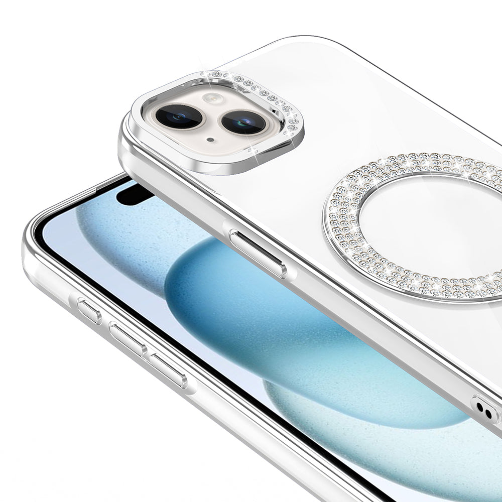 Apple iPhone 15 Kılıf Pırlanta Taş Tasarımlı M-safe Şarj Özellikli Zore Karetta Silikon Kapak Siyah