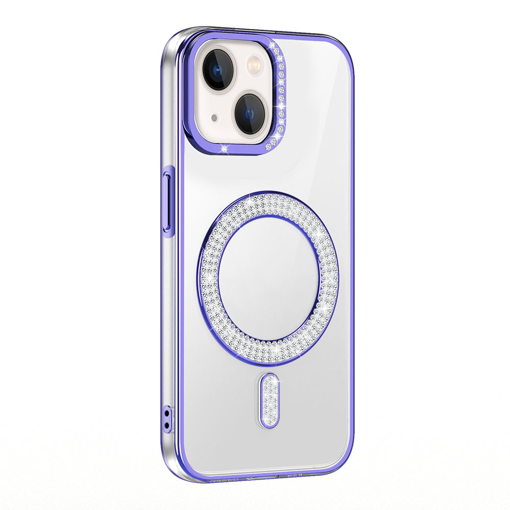 Apple iPhone 15 Kılıf Pırlanta Taş Tasarımlı M-safe Şarj Özellikli Zore Karetta Silikon Kapak Mor