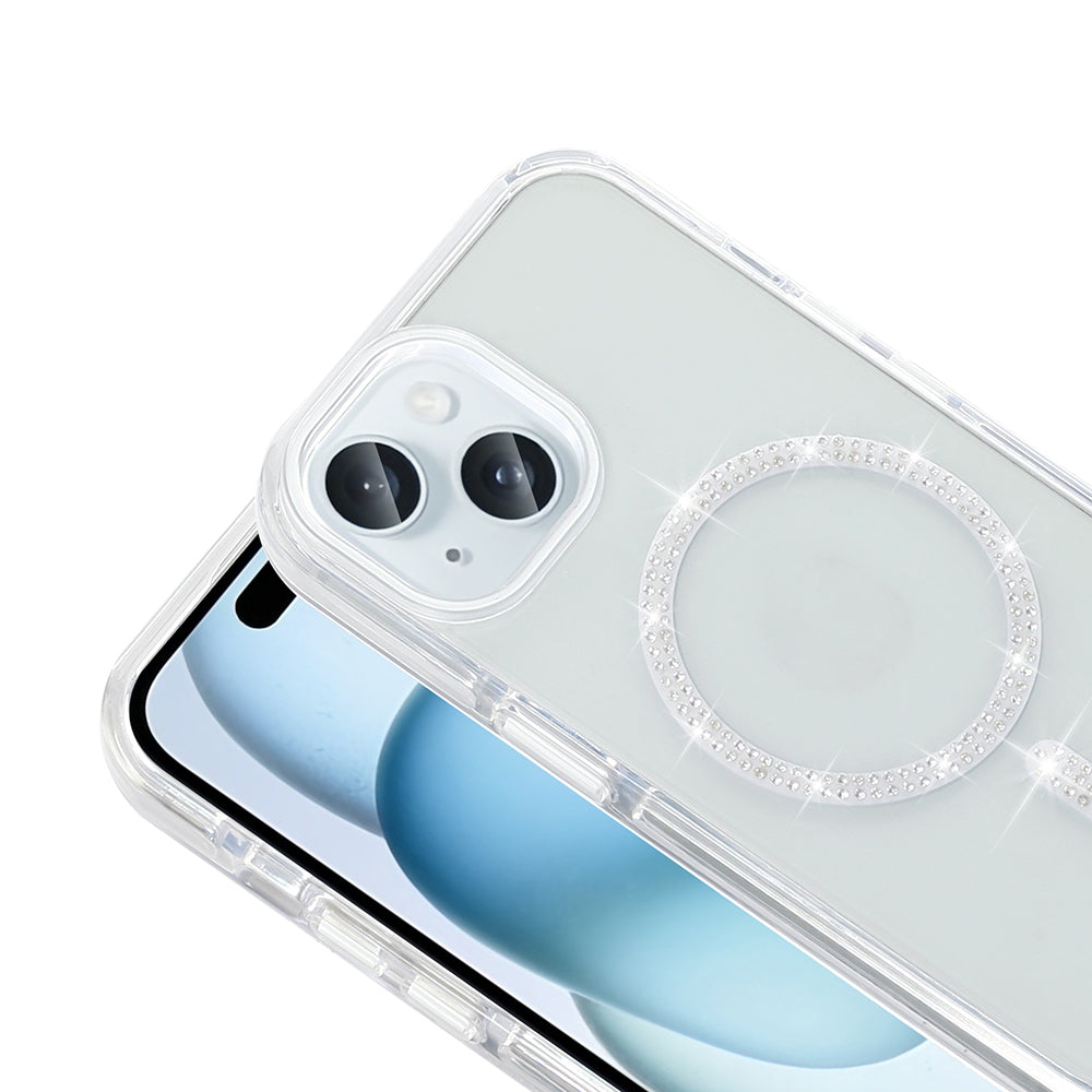 Apple iPhone 15 Kılıf Taşlı Tasarım M-safe Şarj Özellikli Zore Koment Silikon Kapak Gold