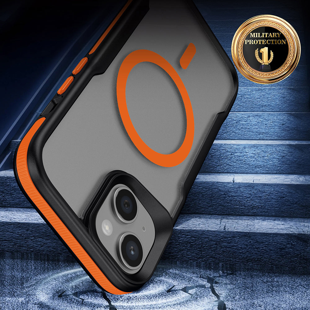 Apple iPhone 15 Plus Kılıf M-safe Şarj Özellikli Renkli Kenar Airbag Şeritli Zore Lamer Kapak Turuncu