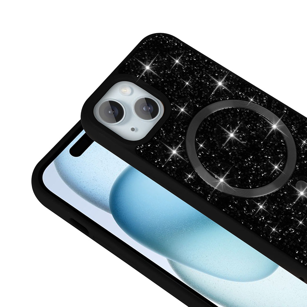 Apple iPhone 15 Plus Kılıf Pırlanta Tasarımlı M-safe Şarj Özellikli Zore Mozaik Silikon Kapak Desert Titanyum