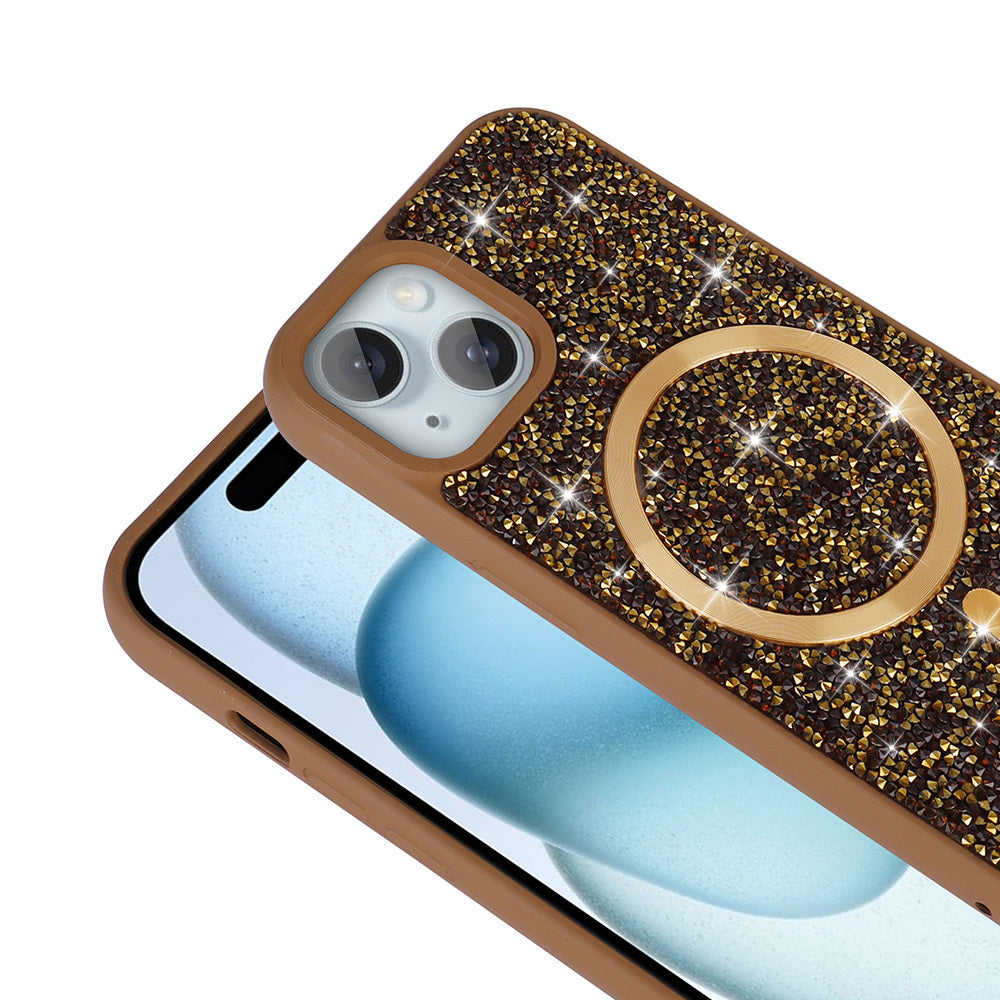 Apple iPhone 15 Plus Kılıf Pırlanta Tasarımlı M-safe Şarj Özellikli Zore Mozaik Silikon Kapak Desert Titanyum