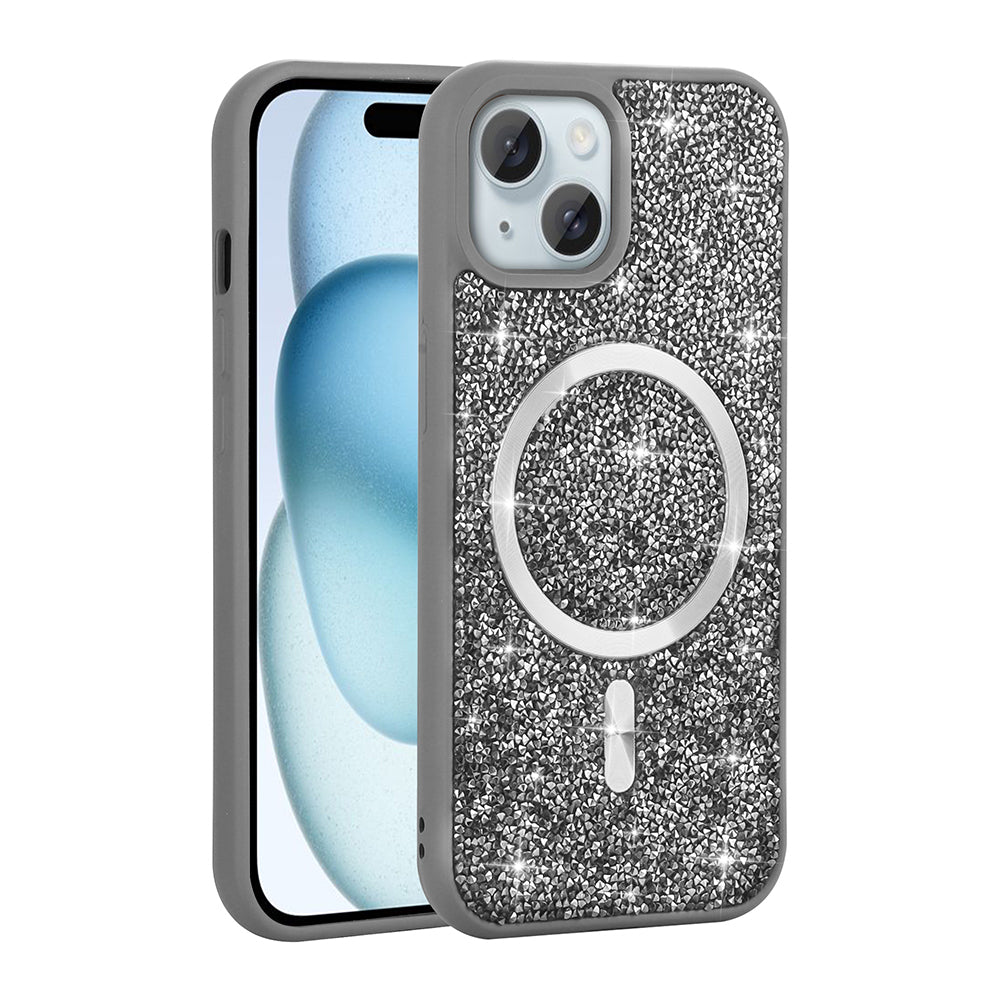 Apple iPhone 15 Plus Kılıf Pırlanta Tasarımlı M-safe Şarj Özellikli Zore Mozaik Silikon Kapak Desert Titanyum