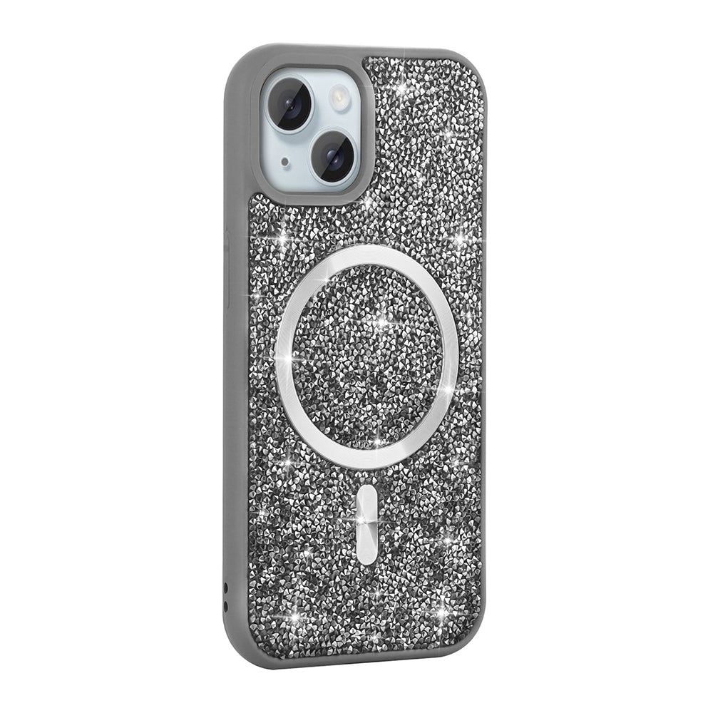 Apple iPhone 15 Plus Kılıf Pırlanta Tasarımlı M-safe Şarj Özellikli Zore Mozaik Silikon Kapak Desert Titanyum