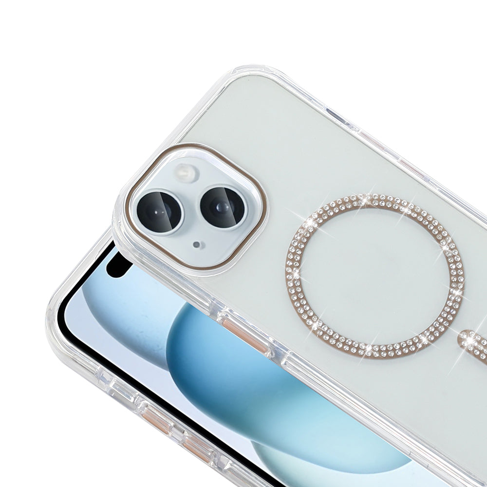 Apple iPhone 15 Plus Kılıf Taşlı Tasarım M-safe Şarj Özellikli Zore Koment Silikon Kapak Gold