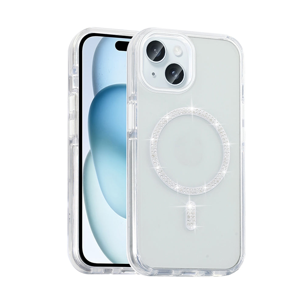 Apple iPhone 15 Plus Kılıf Taşlı Tasarım M-safe Şarj Özellikli Zore Koment Silikon Kapak Gümüş