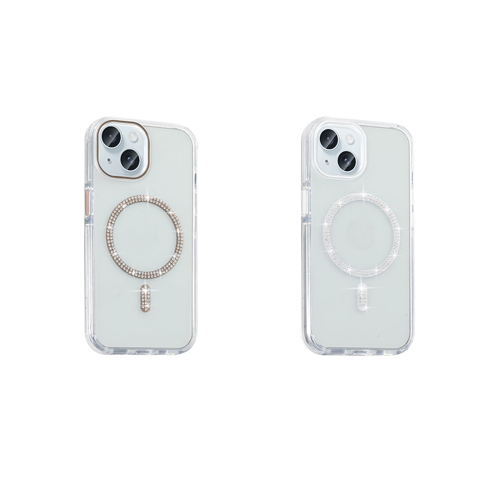 Apple iPhone 15 Plus Kılıf Taşlı Tasarım M-safe Şarj Özellikli Zore Koment Silikon Kapak Gold