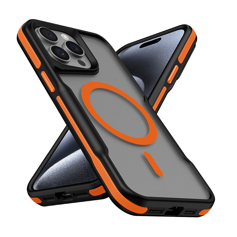 Apple iPhone 15 Pro Kılıf M-safe Şarj Özellikli Renkli Kenar Airbag Şeritli Zore Lamer Kapak Turuncu