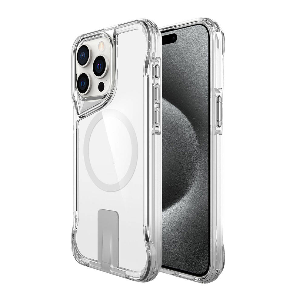 Apple iPhone 15 Pro Kılıf M-safe Şarj Özellikli Zore T-Max Standlı Kapak Renksiz