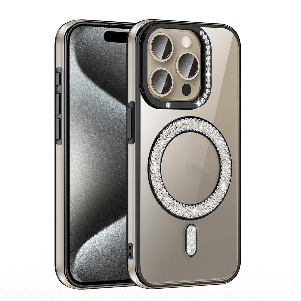 Apple iPhone 15 Pro Kılıf Pırlanta Taş Tasarımlı M-safe Şarj Özellikli Zore Karetta Silikon Kapak Siyah