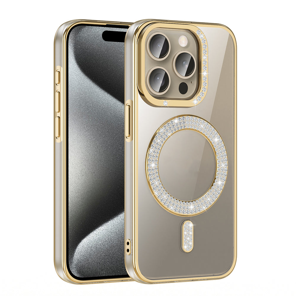 Apple iPhone 15 Pro Kılıf Pırlanta Taş Tasarımlı M-safe Şarj Özellikli Zore Karetta Silikon Kapak Gold