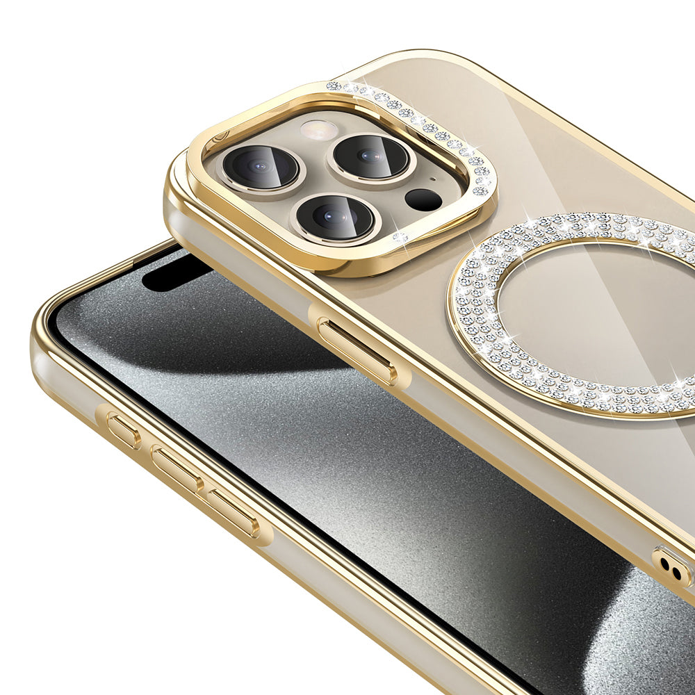 Apple iPhone 15 Pro Kılıf Pırlanta Taş Tasarımlı M-safe Şarj Özellikli Zore Karetta Silikon Kapak Siyah