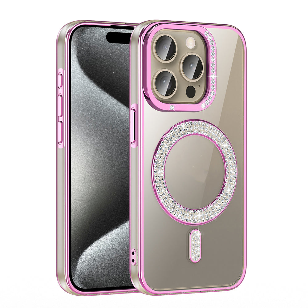 Apple iPhone 15 Pro Kılıf Pırlanta Taş Tasarımlı M-safe Şarj Özellikli Zore Karetta Silikon Kapak Rose Gold