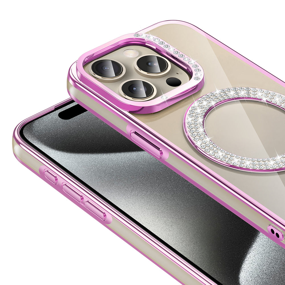 Apple iPhone 15 Pro Kılıf Pırlanta Taş Tasarımlı M-safe Şarj Özellikli Zore Karetta Silikon Kapak Rose Gold