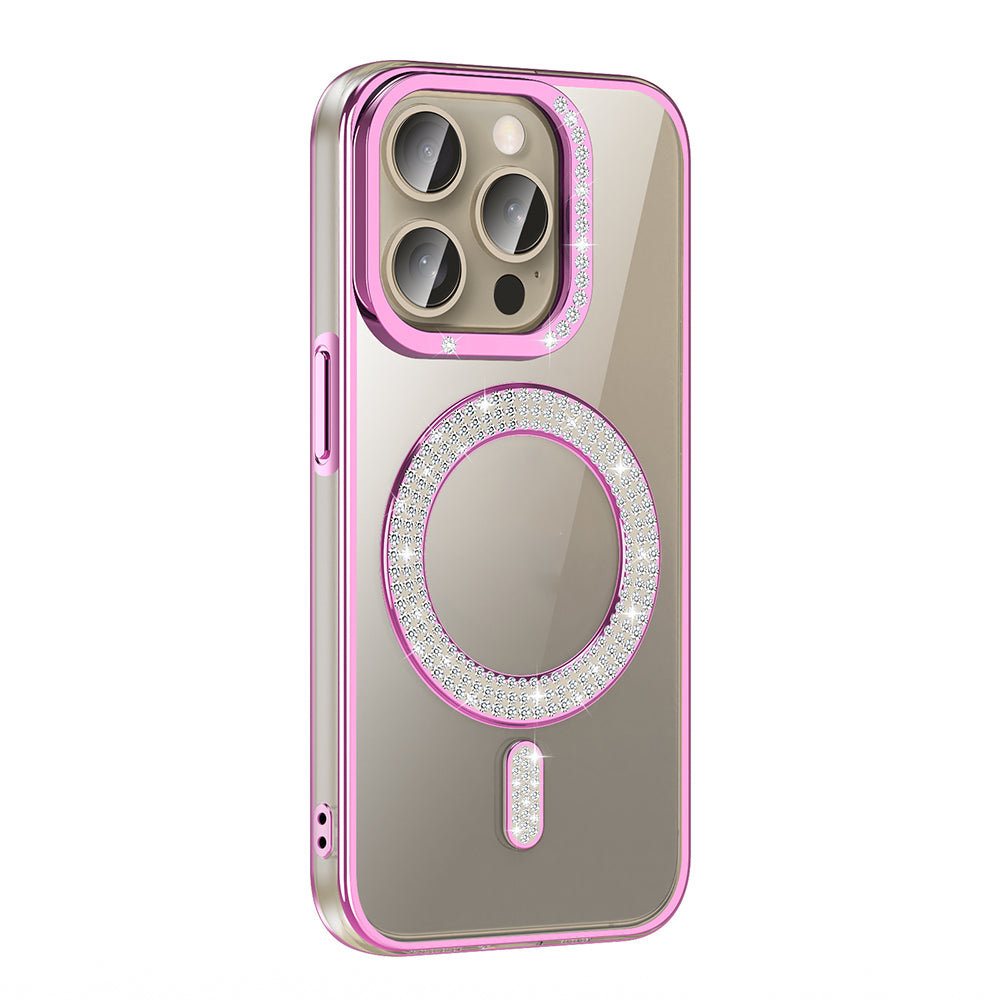 Apple iPhone 15 Pro Kılıf Pırlanta Taş Tasarımlı M-safe Şarj Özellikli Zore Karetta Silikon Kapak Mor