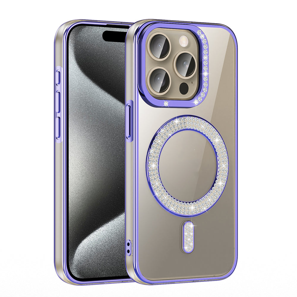 Apple iPhone 15 Pro Kılıf Pırlanta Taş Tasarımlı M-safe Şarj Özellikli Zore Karetta Silikon Kapak Gold