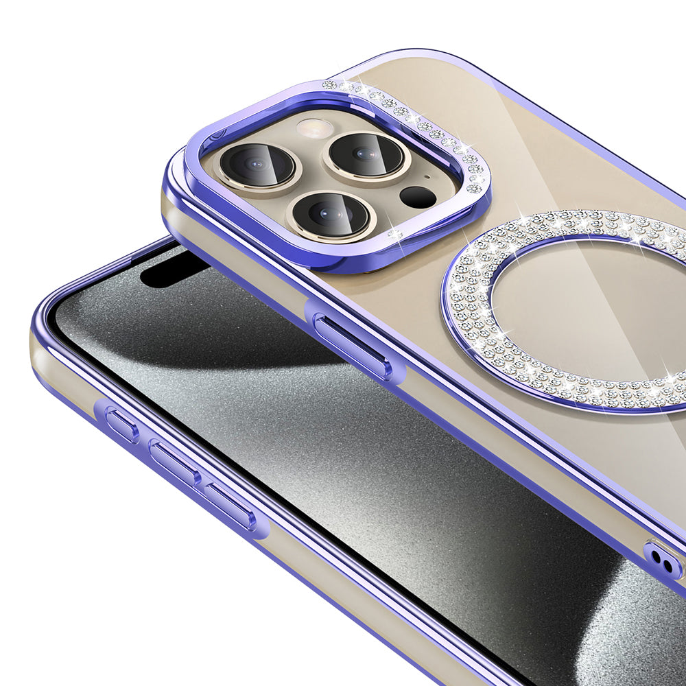 Apple iPhone 15 Pro Kılıf Pırlanta Taş Tasarımlı M-safe Şarj Özellikli Zore Karetta Silikon Kapak Gold