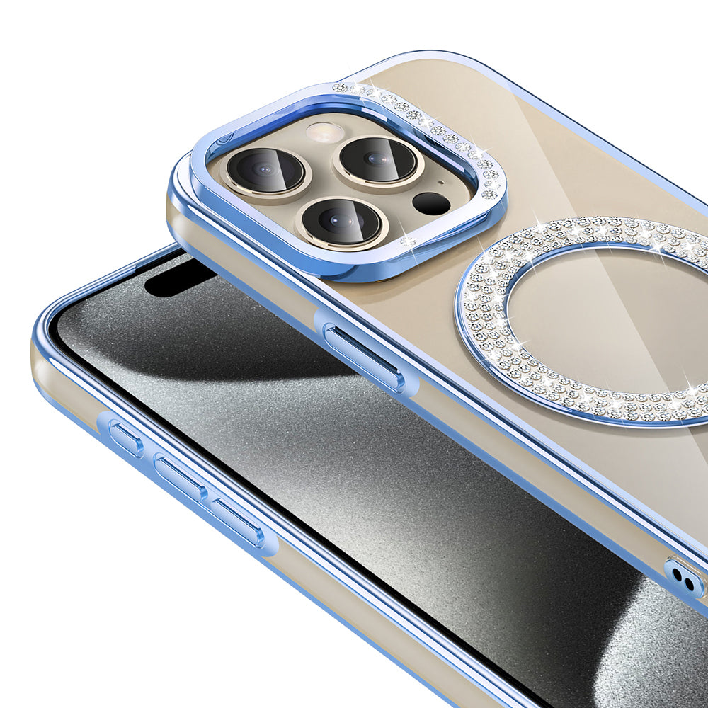 Apple iPhone 15 Pro Kılıf Pırlanta Taş Tasarımlı M-safe Şarj Özellikli Zore Karetta Silikon Kapak Mavi