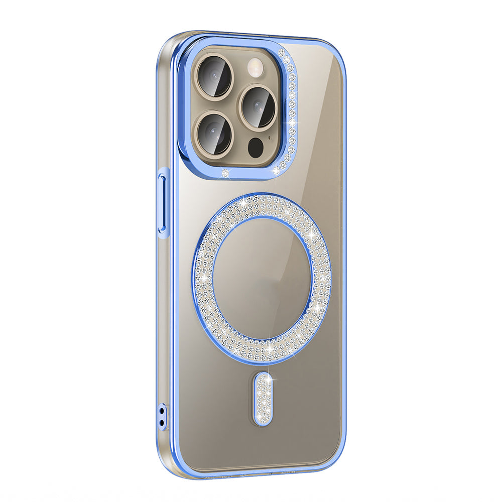 Apple iPhone 15 Pro Kılıf Pırlanta Taş Tasarımlı M-safe Şarj Özellikli Zore Karetta Silikon Kapak Mavi
