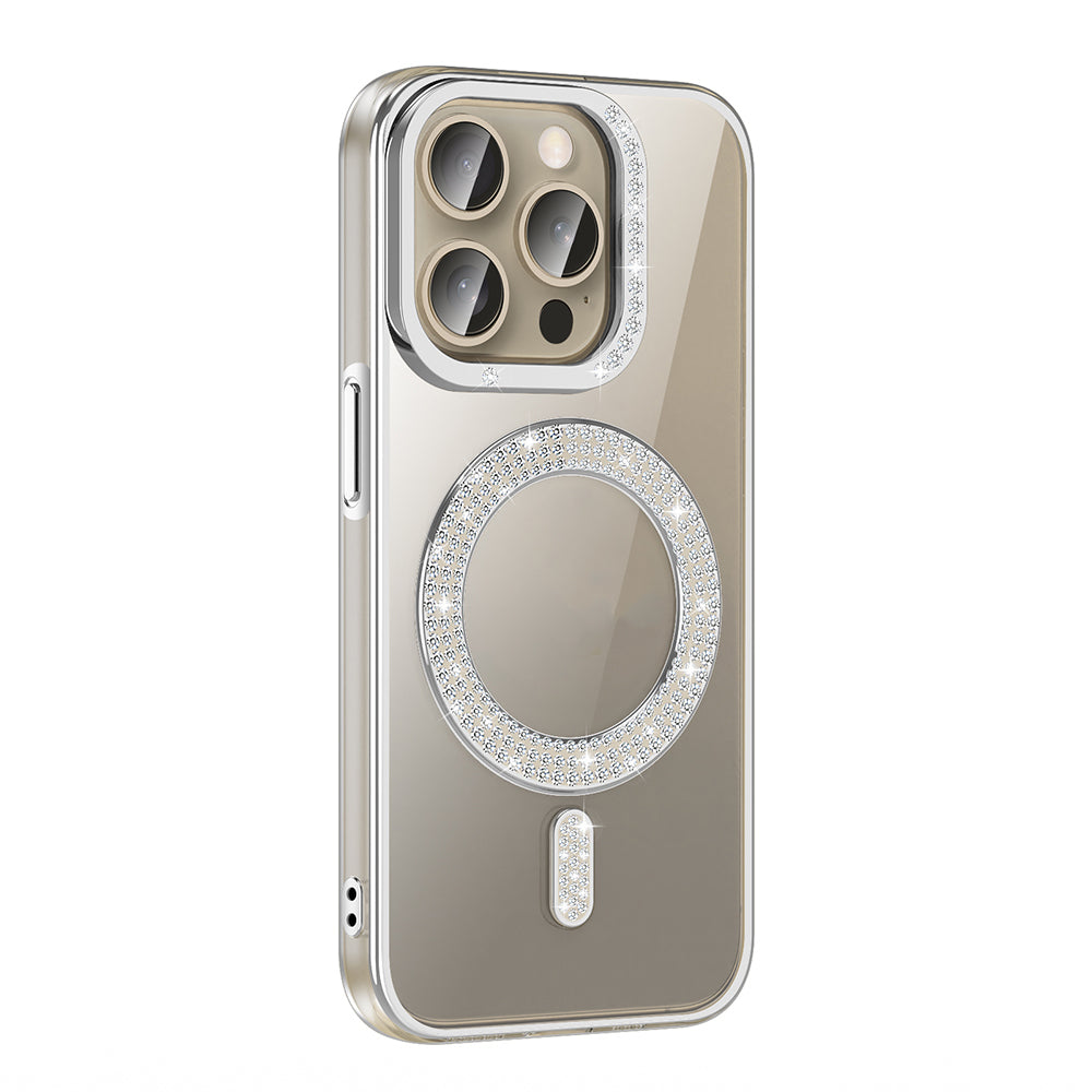 Apple iPhone 15 Pro Kılıf Pırlanta Taş Tasarımlı M-safe Şarj Özellikli Zore Karetta Silikon Kapak Gümüş