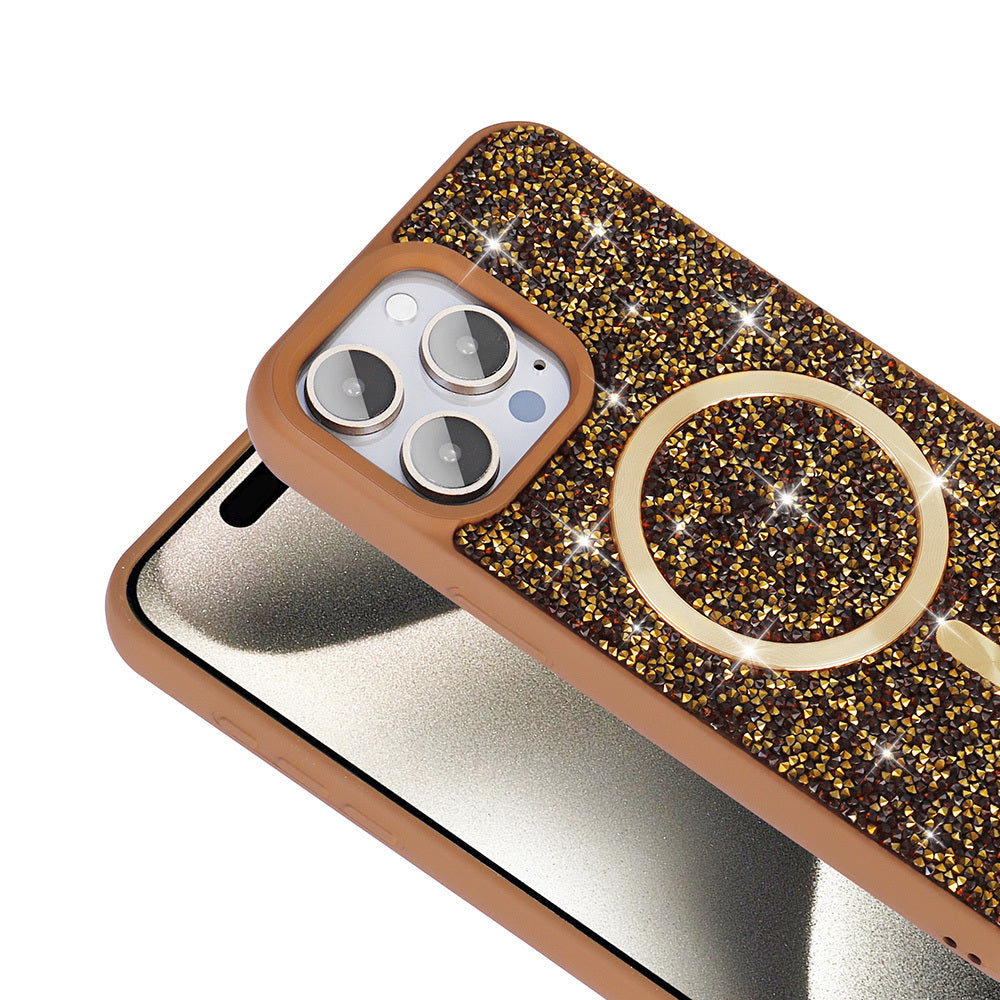 Apple iPhone 15 Pro Kılıf Pırlanta Tasarımlı M-safe Şarj Özellikli Zore Mozaik Silikon Kapak Desert Titanyum