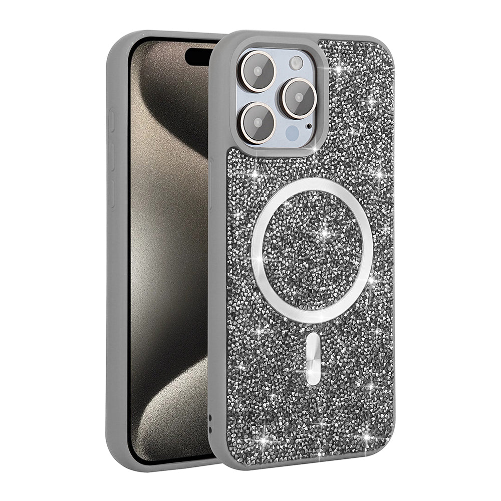 Apple iPhone 15 Pro Kılıf Pırlanta Tasarımlı M-safe Şarj Özellikli Zore Mozaik Silikon Kapak Desert Titanyum