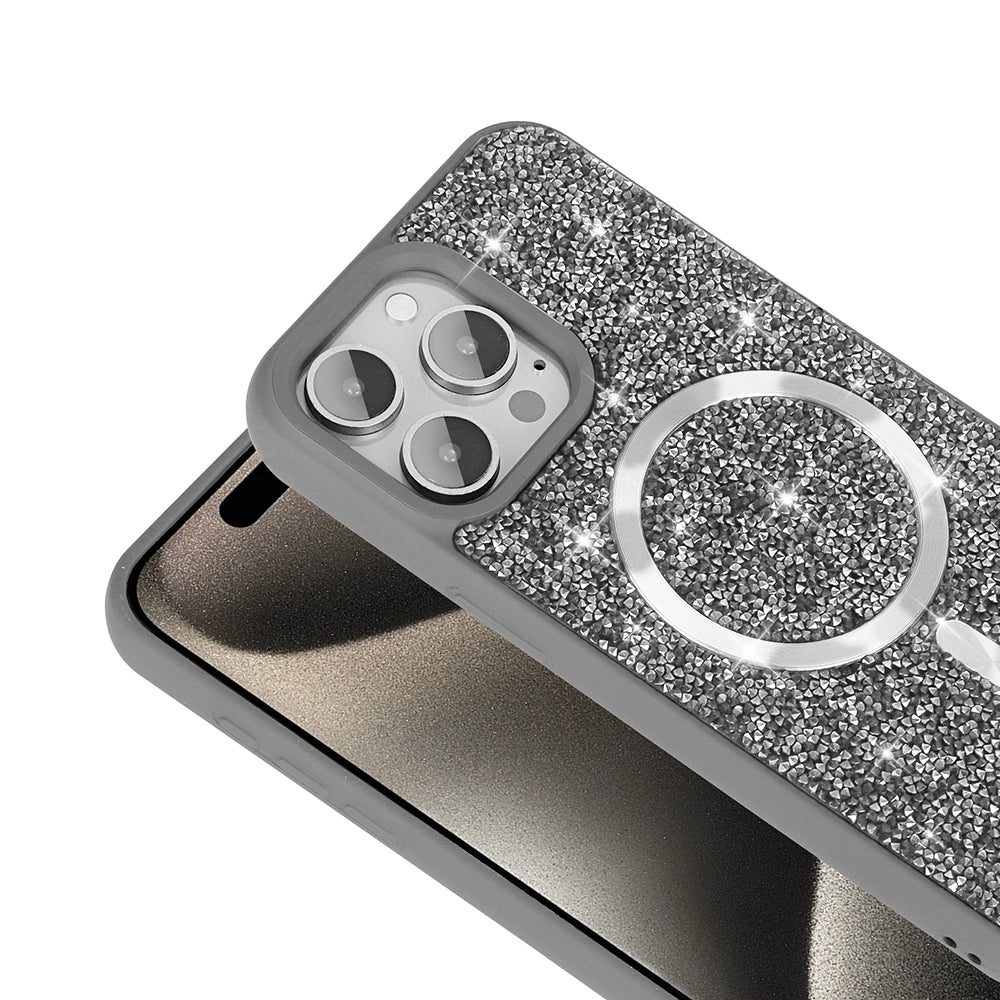 Apple iPhone 15 Pro Kılıf Pırlanta Tasarımlı M-safe Şarj Özellikli Zore Mozaik Silikon Kapak Siyah