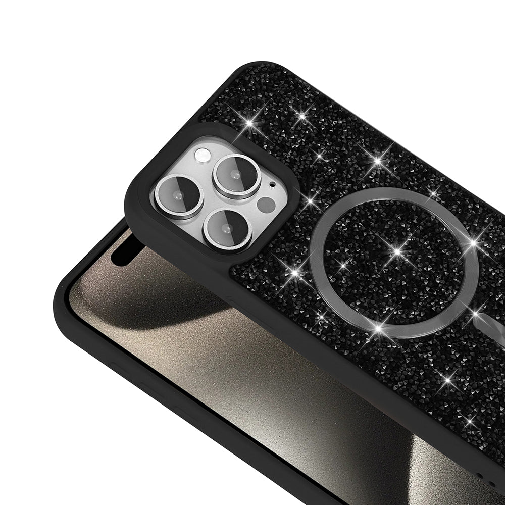 Apple iPhone 15 Pro Kılıf Pırlanta Tasarımlı M-safe Şarj Özellikli Zore Mozaik Silikon Kapak Siyah