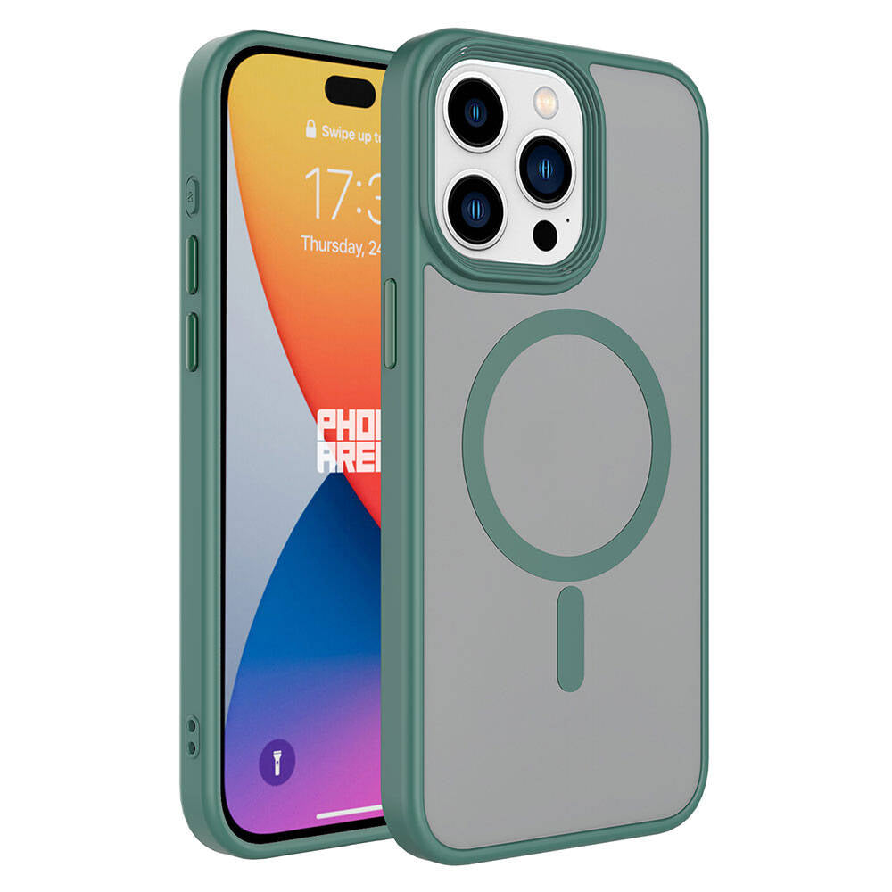 Apple iPhone 15 Pro Max Kılıf Mat Arka Yüzey Wireless Şarj Özellikli Zore Flet M-safe Kapak Yeşil