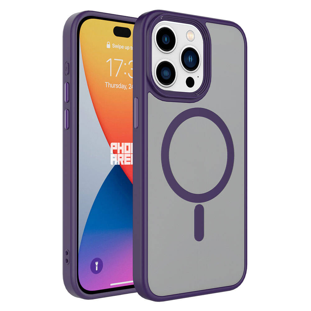Apple iPhone 15 Pro Max Kılıf Mat Arka Yüzey Wireless Şarj Özellikli Zore Flet M-safe Kapak Derin Mor