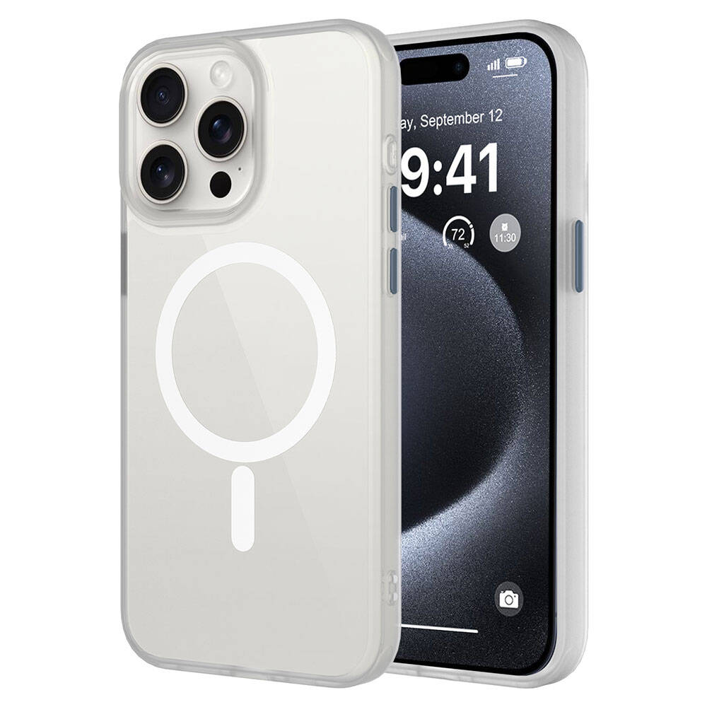 Apple iPhone 15 Pro Max Kılıf Mat Arka Yüzey Wireless Şarj Özellikli Zore Flet M-safe Kapak Beyaz