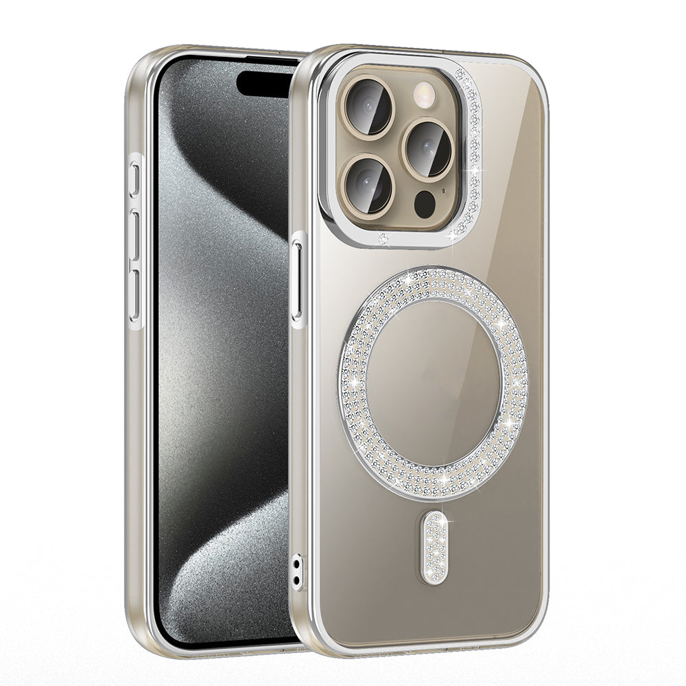 Apple iPhone 15 Pro Max Kılıf Pırlanta Taş Tasarımlı M-safe Şarj Özellikli Zore Karetta Silikon Kapak Gold