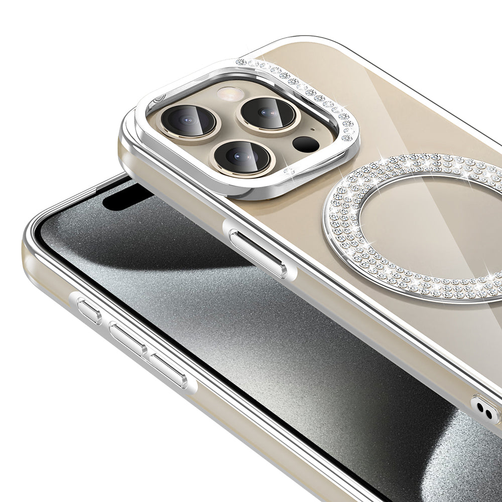 Apple iPhone 15 Pro Max Kılıf Pırlanta Taş Tasarımlı M-safe Şarj Özellikli Zore Karetta Silikon Kapak Mor