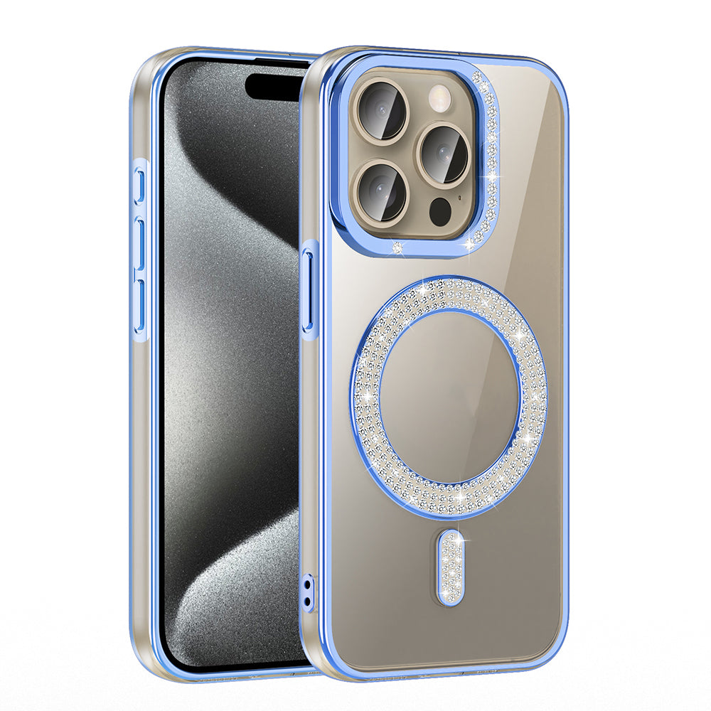 Apple iPhone 15 Pro Max Kılıf Pırlanta Taş Tasarımlı M-safe Şarj Özellikli Zore Karetta Silikon Kapak Mor